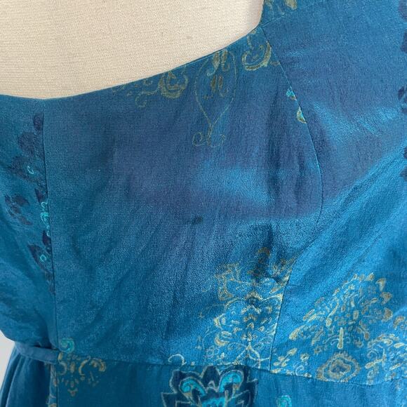 Boho Maxi Dress Plus Size 1X Blue Brocade Print Pure Silk Sleeveless Hippie Vtg - Picture 5 of 16